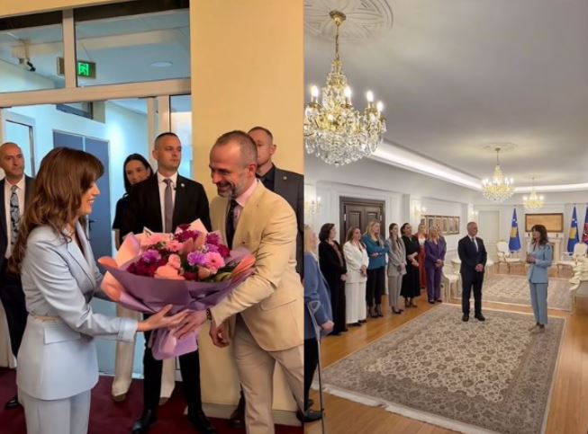 Haxhiu merr rolin e Presidentes, pritet me lule nga stafi